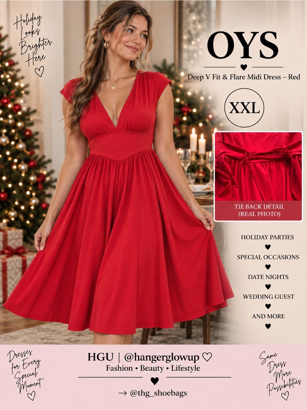 OYS Red Deep V Fit & Flare Midi Dress Tie Back XXL NWT